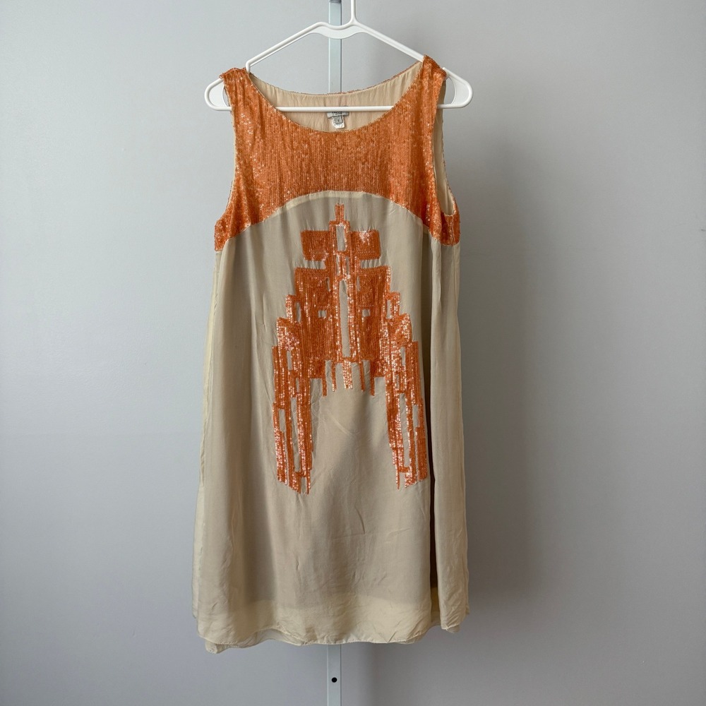 Hoss Intropia‎ S Ivory Orange Sequin Silk Shift Dress Deco Quirky Retro Twee